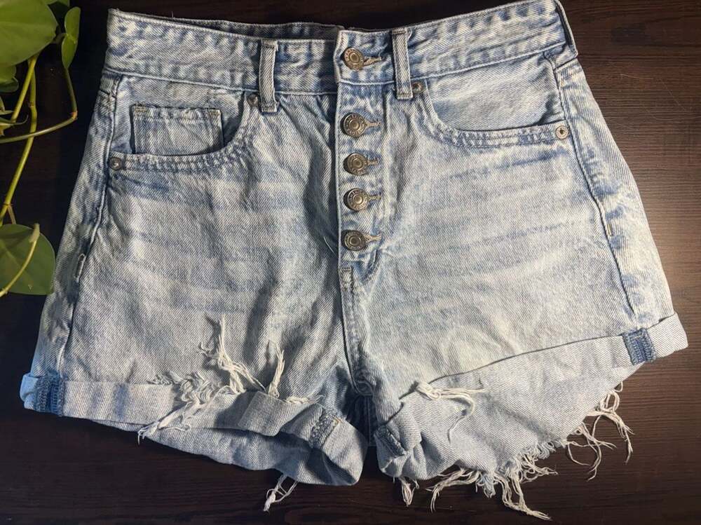 American Eagle Women's High-Rise Button Fly Distressed Denim Shorts